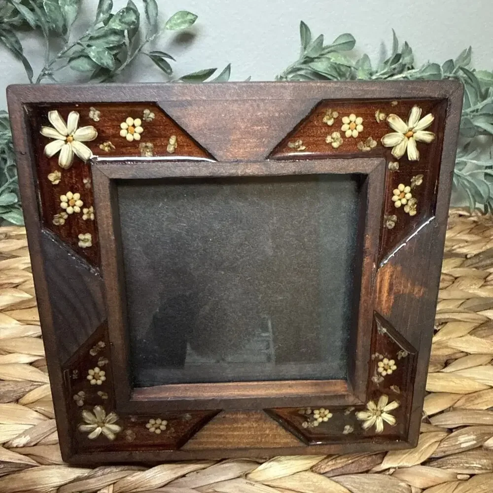 Handmade Mexican Wood 4x4 Picture Frame Pressed Floral Resin Folk Art Vintage